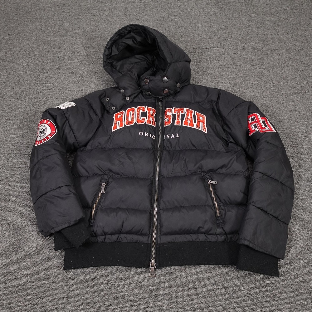 Rockstar Original Jacket Boys 14 Black Hooded Puffer Skull Patch Graphic